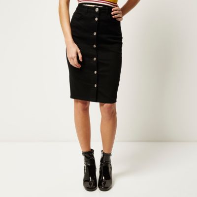 Black denim button-up pencil skirt